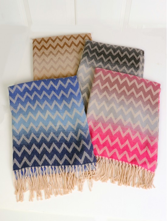 Cashmere Feeling Zig Zag Scarf with Pom-Poms